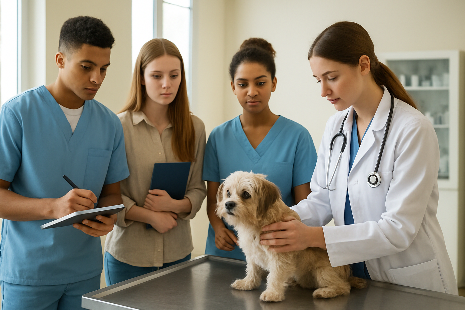 Veterinary students observing a veterinarian examining a small dog.